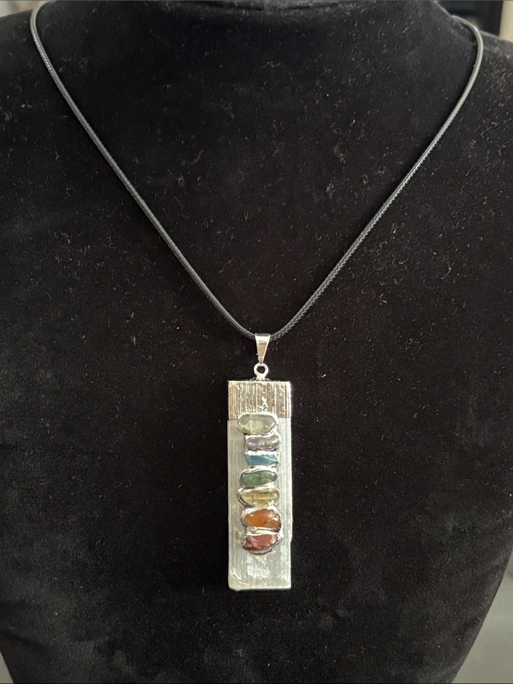 Selenite and Multi-Gemstone Rectangular Pendant Necklace in Silver Tone